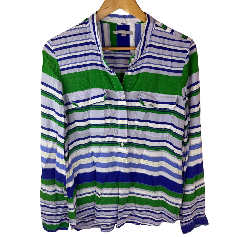 Gap Medium Striped Long Sleeve Shirt Button Up Top Green Blue White Preppy‎